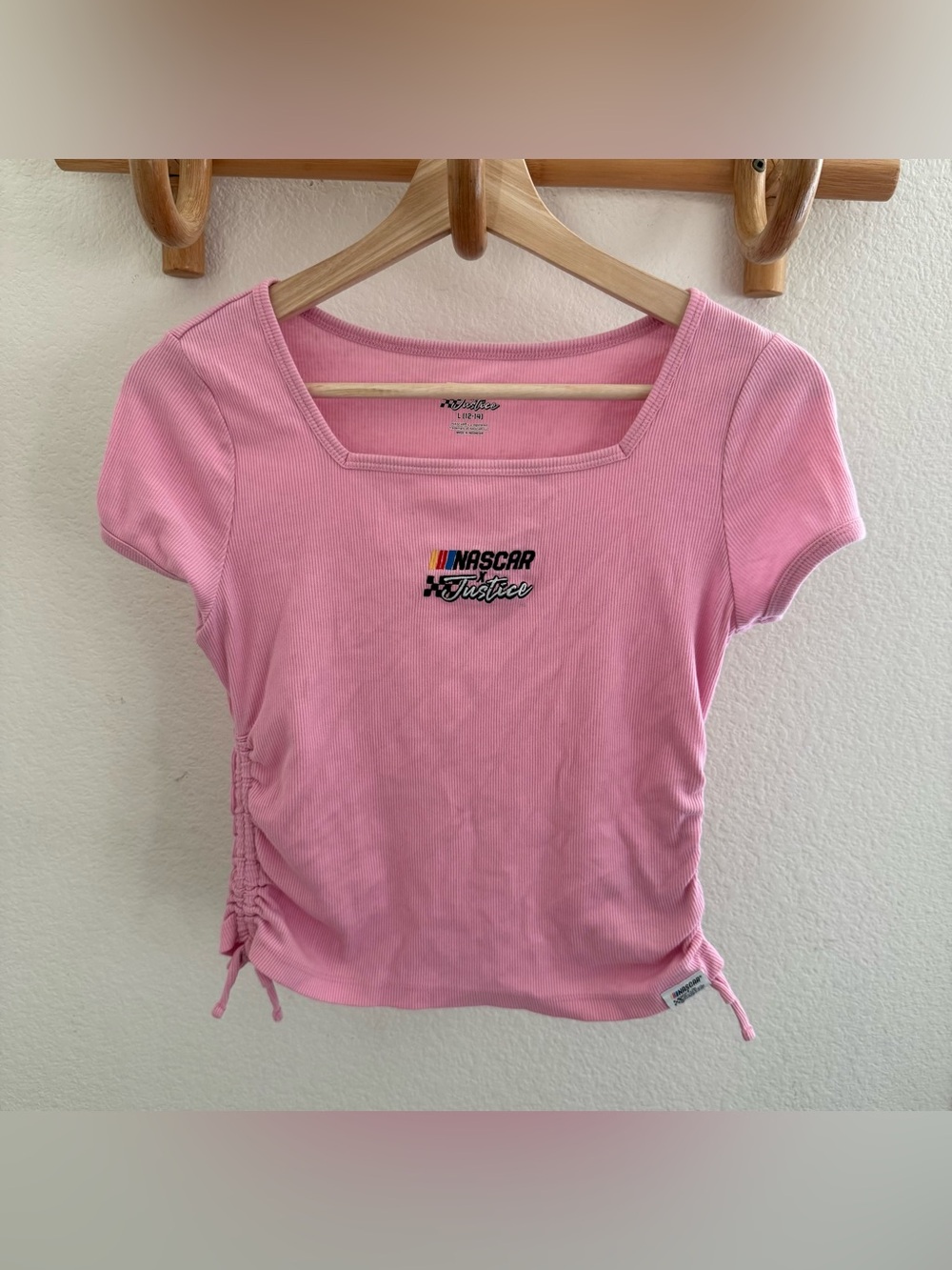 Coquette, Y2K, streetwear, racer barbiecore NASCAR Pink Ribbed Cinched baby tee